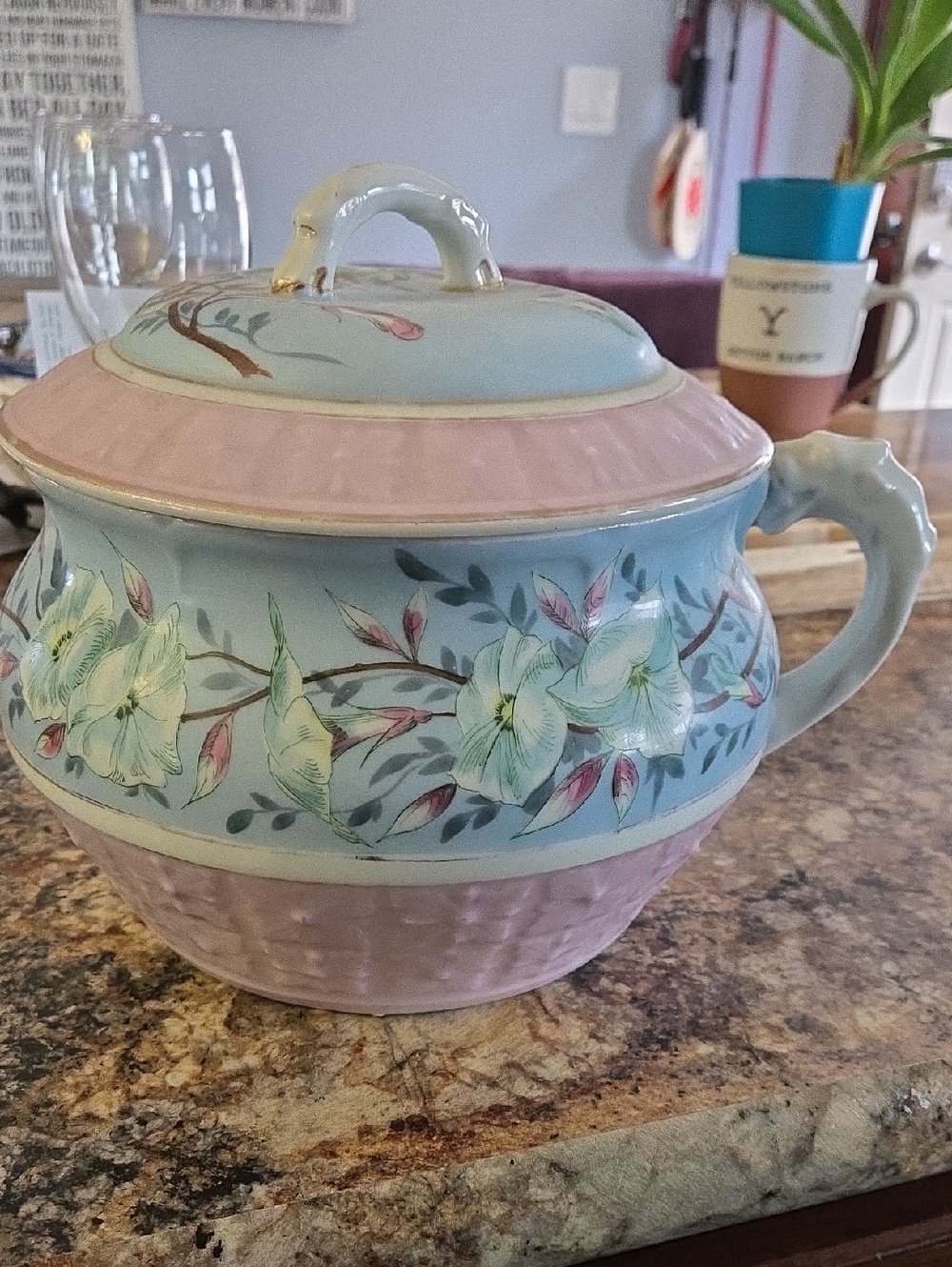 Vintage Floral Ceramic Covered Chamber Pot in Blue and Pink- Oriental Origin